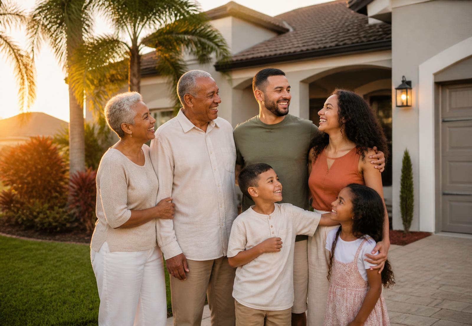 Three generations of a family together outside a Central Florida home with a wide, step-free entry